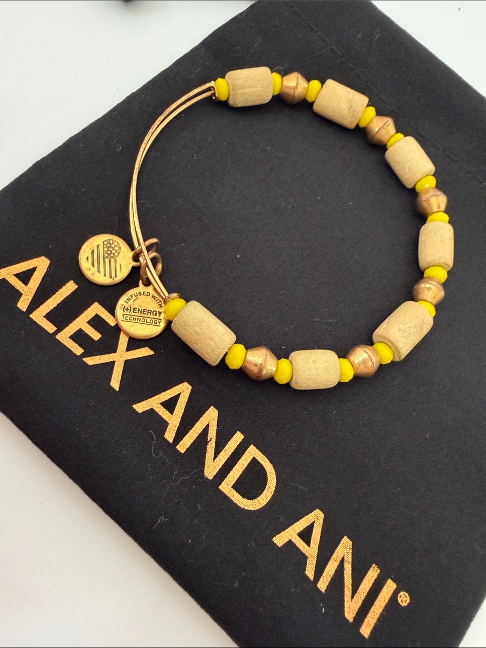 Alex and Ani ‘Palm-Mango’ Yellow and Wood-Tone Beaded Expandable Bracelet